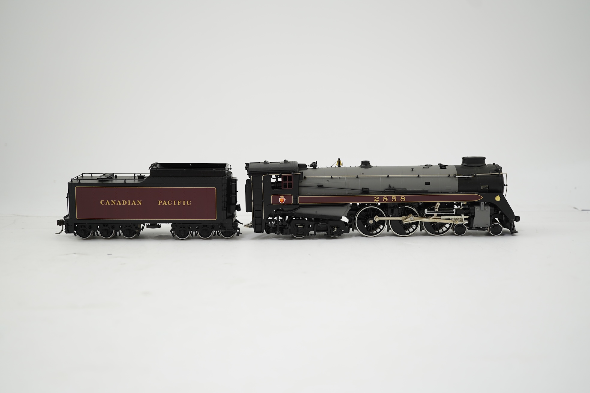 A boxed HO gauge VH Scale Models model of Canadian Pacific Railway Royal Hudson H-1d, 2858, 4-6-4 locomotive with bogie tender, powered for two rail operation.